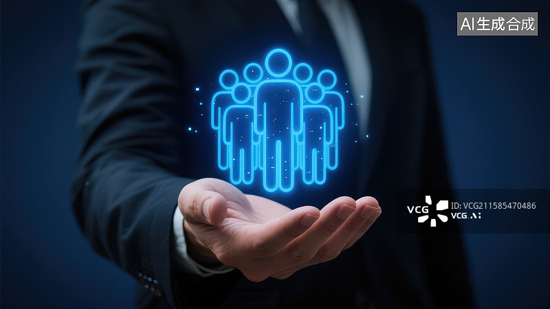 【AI数字艺术】一位穿着西装的男人的手上是发光人形图案标志，团队合作和团队领导概念人力资源主题商务背景图片素材