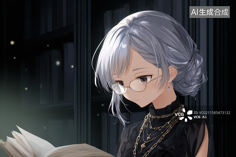 【AI数字艺术】银发少年专注阅读时尚肖像图片素材