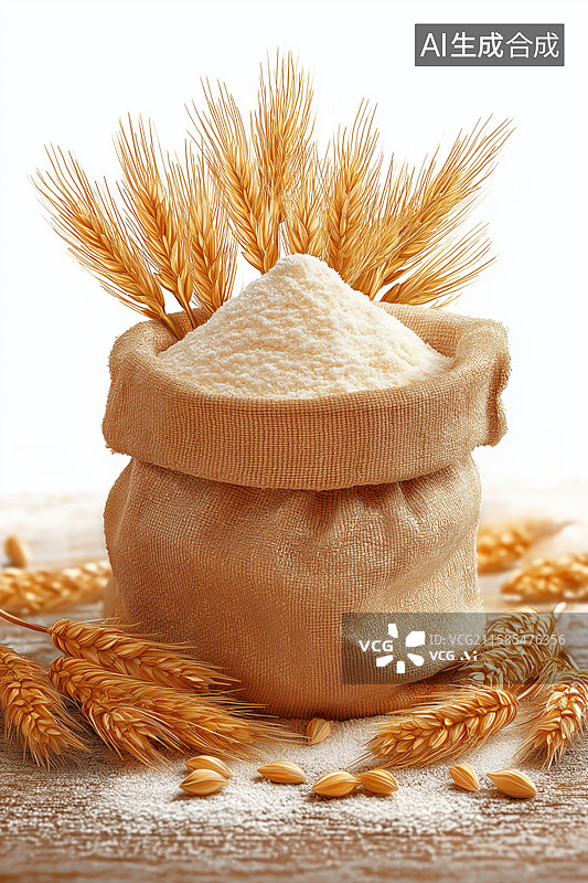 【AI数字艺术】面粉袋与麦穗的静物组合图片素材
