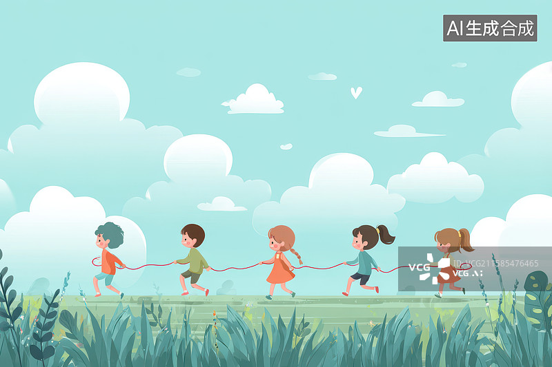 【AI数字艺术】孩童手拉手在草地欢乐奔跑图片素材