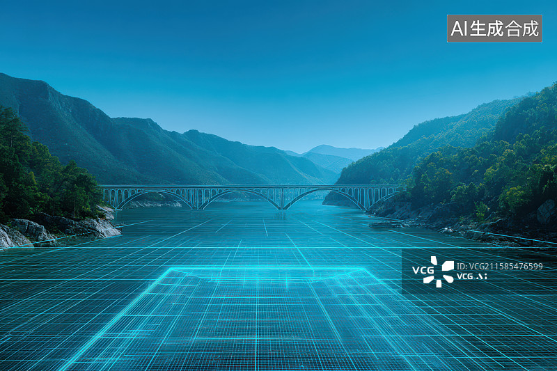 【AI数字艺术】数字光影与自然桥梁的完美融合图片素材
