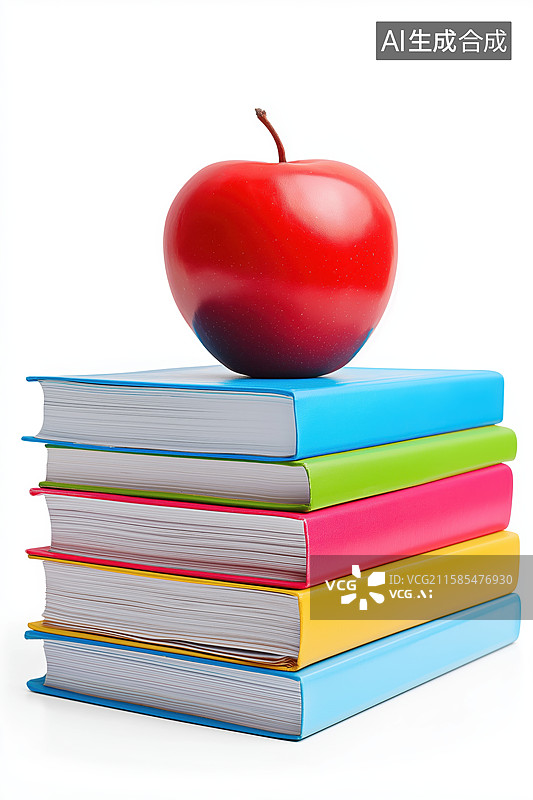 【AI数字艺术】彩色书籍堆叠与红苹果图片素材