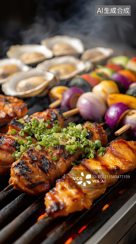 【AI数字艺术】烤鸡肉串与海鲜蔬菜在烧烤架上图片素材