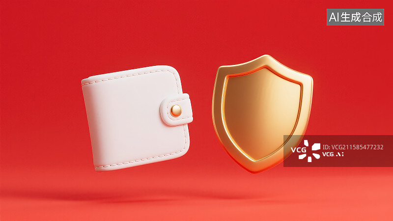 【AI数字艺术】红色背景下的卡通白色钱包和金色护盾，防诈宣传钱包货币安全保护概念图片素材