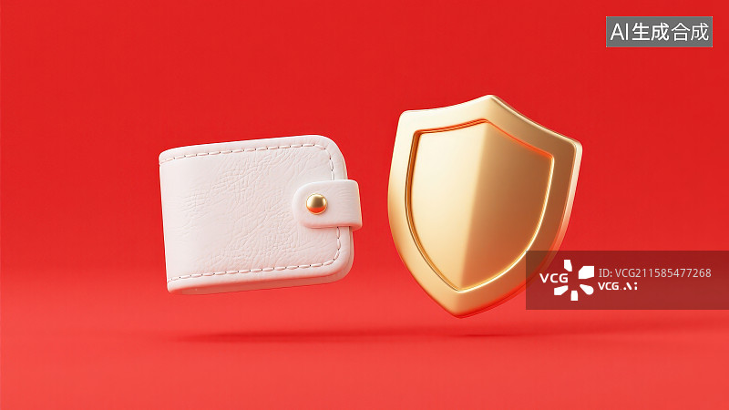 【AI数字艺术】红色背景下的卡通白色钱包和金色护盾，防诈宣传钱包货币安全保护概念图片素材