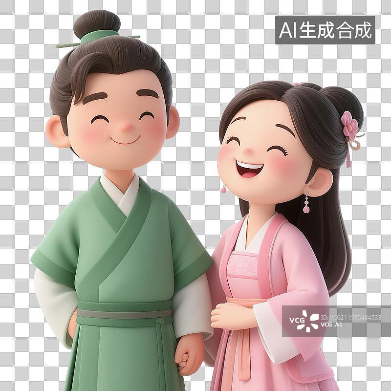 【AI数字艺术】3D渲染，中国风古装情侣，卡通情侣，夫妻，爱情，汉服，传统服装，情人节，七夕节，牛郎织女，新郎新娘图片素材