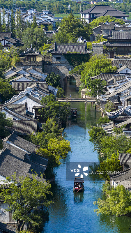 浙江海宁盐官潮乐之城古镇航拍图片素材