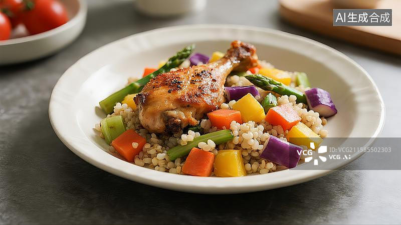 【AI数字艺术】中式营养膳食鸡腿三文鱼杂粮沙拉图片素材
