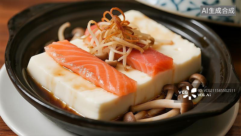 【AI数字艺术】中式营养膳食三文鱼菌菇蒸豆腐图片素材
