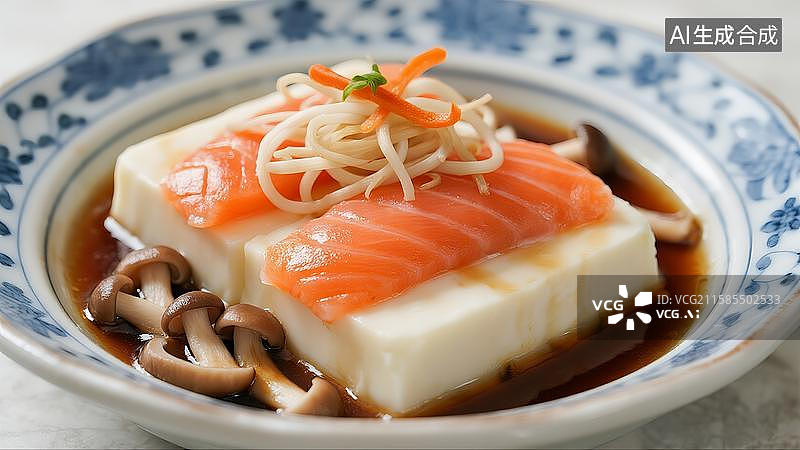 【AI数字艺术】中式营养膳食三文鱼菌菇蒸豆腐图片素材