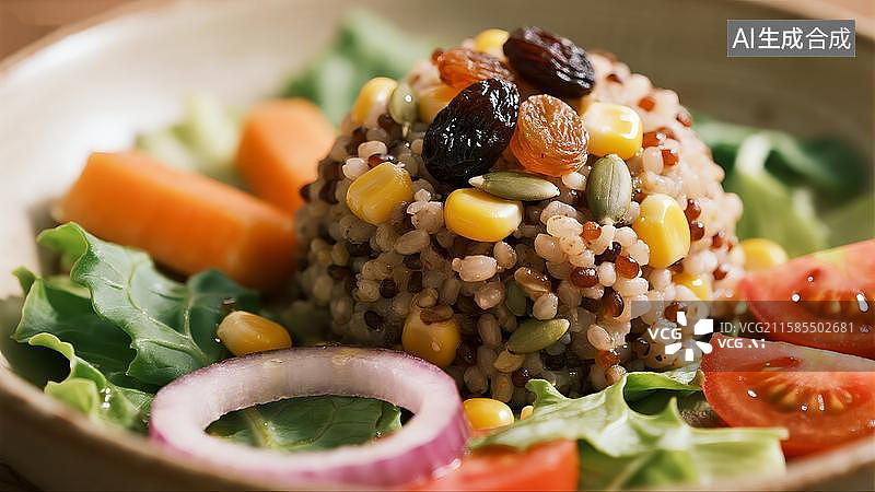 【AI数字艺术】中式营养膳食鸡腿三文鱼杂粮沙拉图片素材