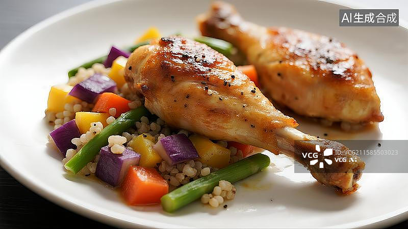 【AI数字艺术】中式营养膳食鸡腿三文鱼杂粮沙拉图片素材