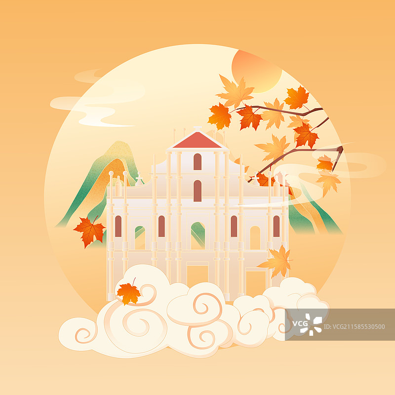 国风秋天澳门城市建筑矢量插画图片素材