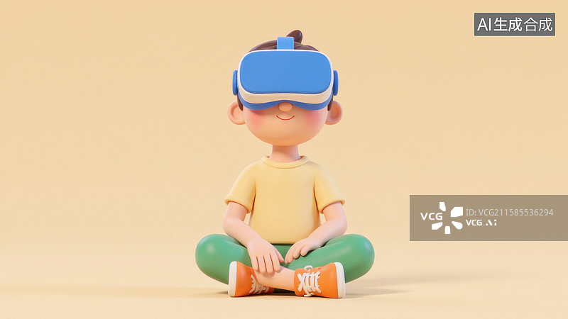 【AI数字艺术】戴VR眼镜的男孩坐着的场景图片素材