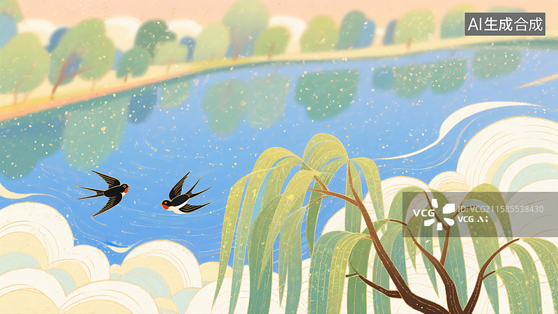 【AI数字艺术】春天柳树燕子风景插画图片素材