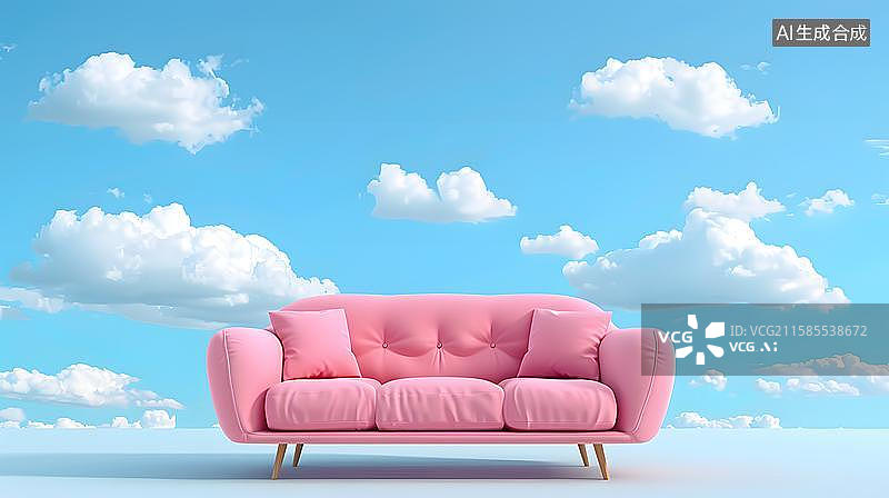【AI数字艺术】粉色沙发与云朵的梦幻空间  蓝天白云纯净背景下的粉色沙发家居主题海报图片素材