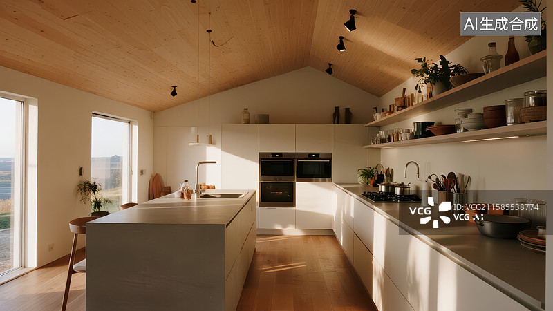 【AI数字艺术】现代简约厨房，自然光充足图片素材