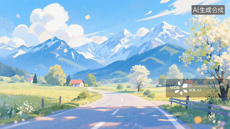 【AI数字艺术】春天乡村雪山风景插画图片素材