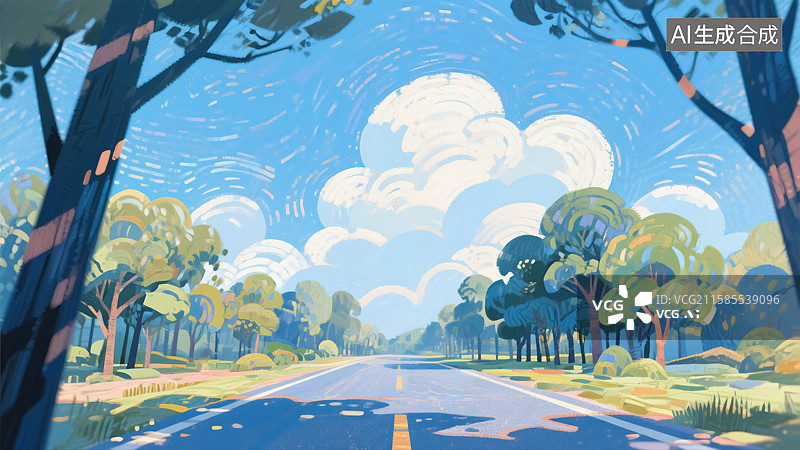 【AI数字艺术】树林中的公路插画图片素材