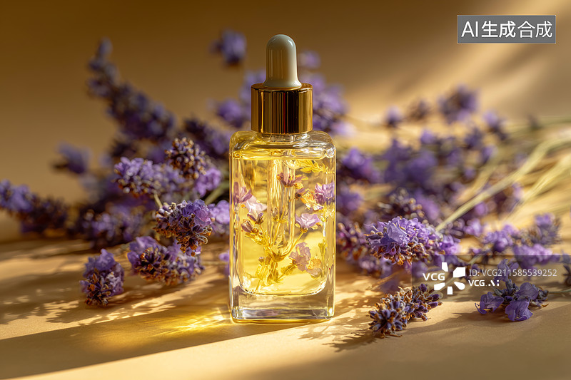 【AI数字艺术】薰衣草精油瓶与鲜花图片素材