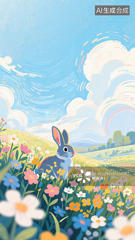 【AI数字艺术】花丛中的兔子插画图片素材