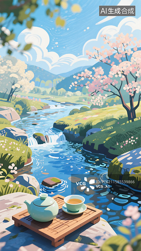 【AI数字艺术】春天公园溪流边的茶具风景插画图片素材