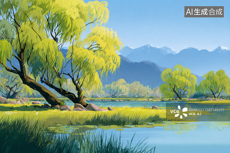 【AI数字艺术】湖畔垂柳与远山图片素材
