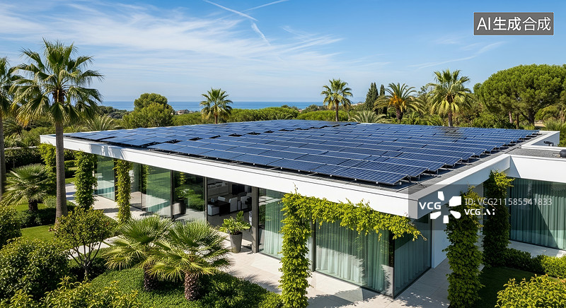 【AI数字艺术】太阳能板现代住宅与绿色环绕图片素材