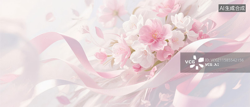 【AI数字艺术】粉色樱花与丝带的柔美组合图片素材