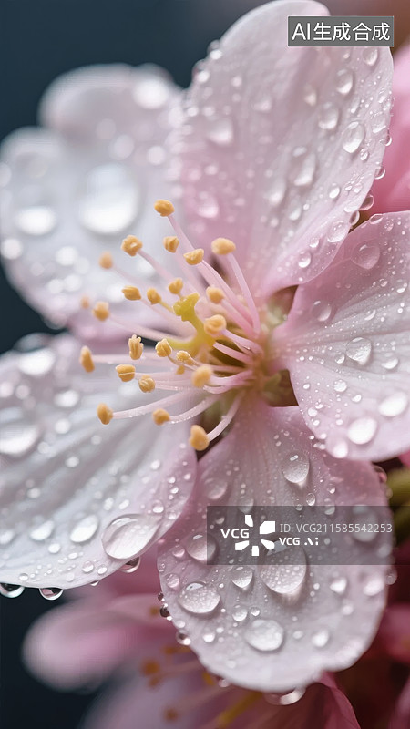 【AI数字艺术】雨滴点缀的粉色樱花特写图片素材
