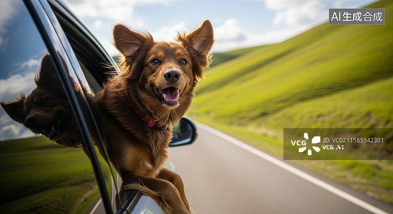 【AI数字艺术】公路旅行中探出头的棕色狗狗图片素材