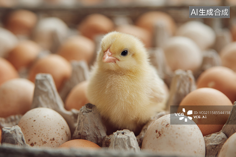 【AI数字艺术】纸箱中绒毛小鸡与棕色鸡蛋图片素材