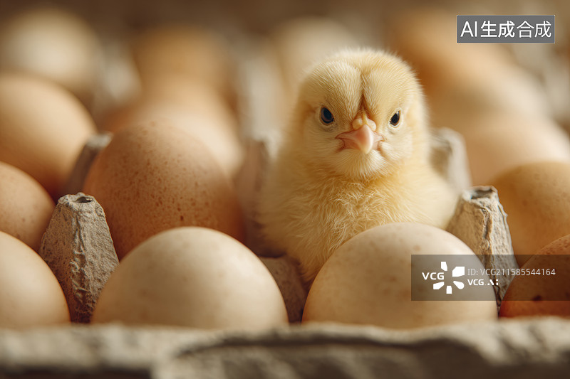 【AI数字艺术】纸箱中绒毛小鸡与棕色鸡蛋图片素材