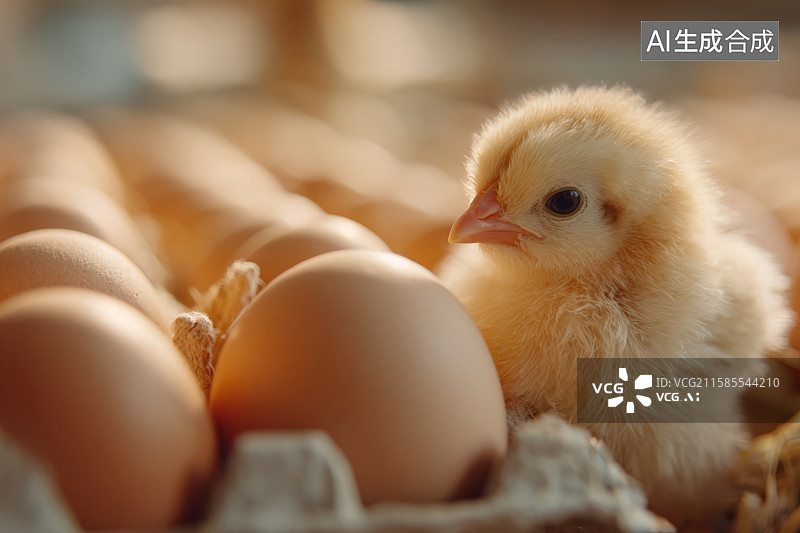 【AI数字艺术】纸箱中绒毛小鸡与棕色鸡蛋图片素材
