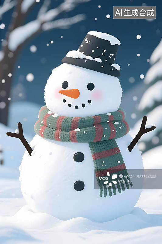 【AI数字艺术】冬季里戴围巾的卡通雪人图片素材
