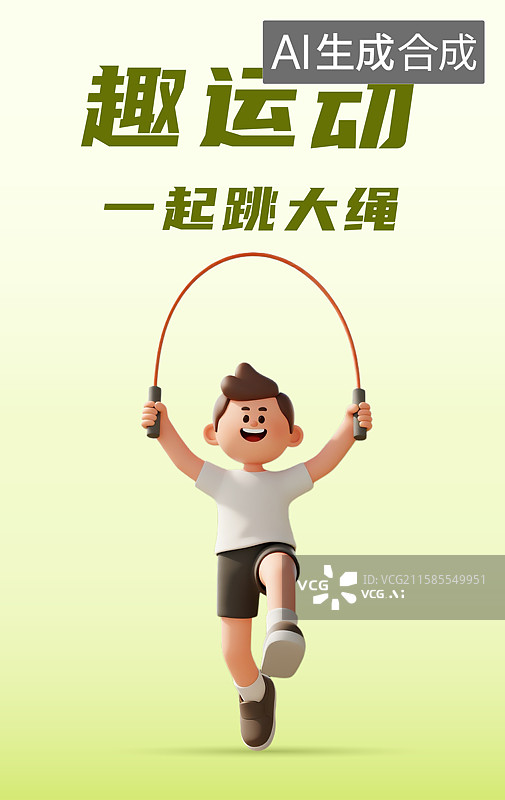 【AI数字艺术】跳绳运动的儿童3D卡通风格插画设计模板图片素材