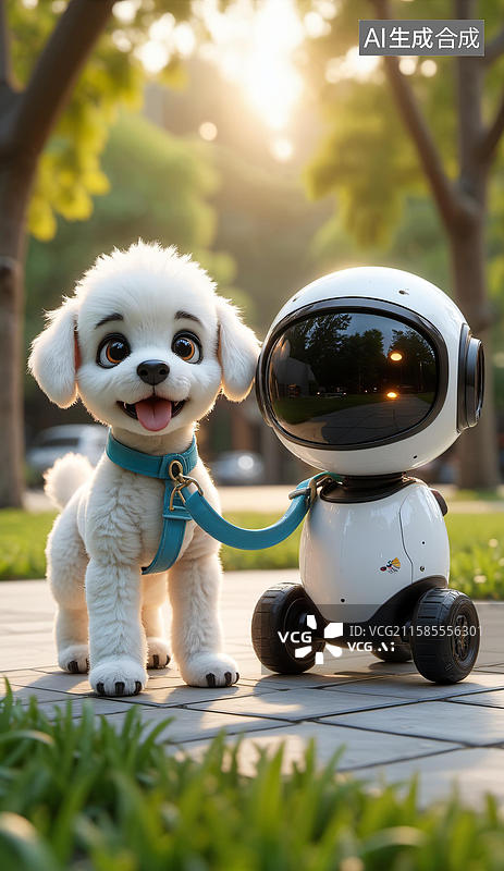 【AI数字艺术】小狗与机器人在公园散步图片素材
