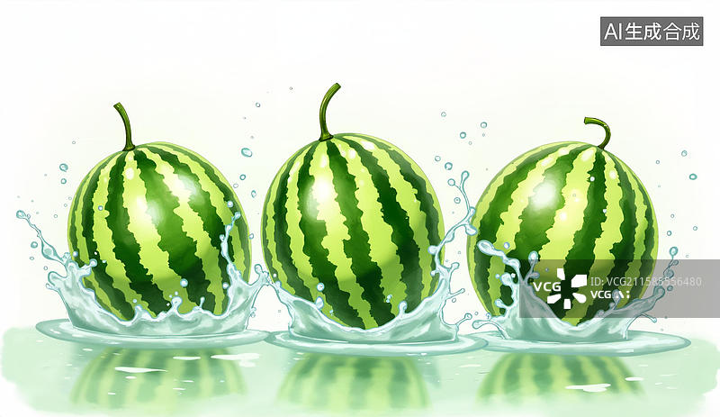 【AI数字艺术】三颗西瓜落入水中溅起水花图片素材