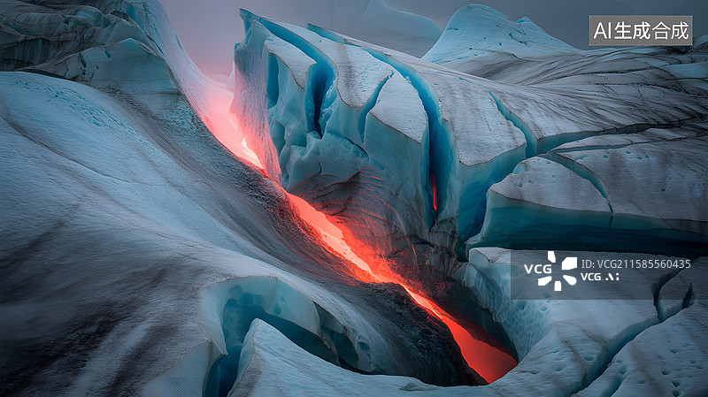 【AI数字艺术】冰川裂缝中的红色光芒图片素材