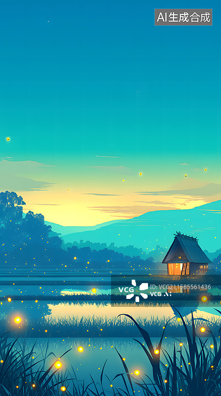【AI数字艺术】夜空中萤火虫与稻田图片素材