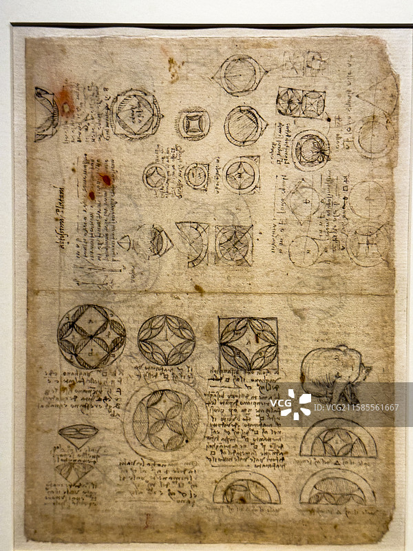 《大西洋古抄本》  达芬奇 几何图形灌溉渠和一只猫 手稿 草图 米兰盎博罗削图书馆和美术馆图片素材