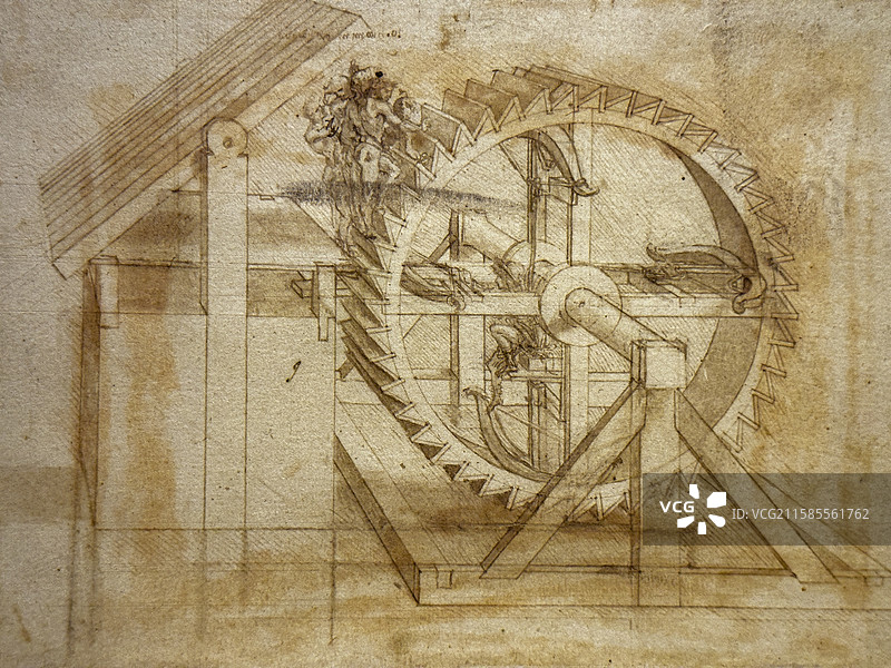 《大西洋古抄本》 配备四把十字弓的机械 达芬奇 手稿 草图 米兰盎博罗削图书馆和美术馆图片素材
