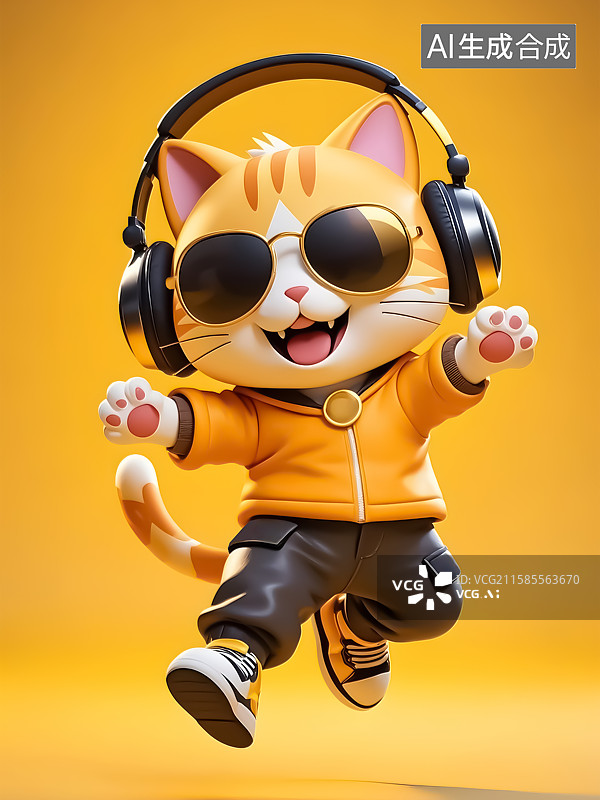 【AI数字艺术】3D带着耳机的小猫图片素材