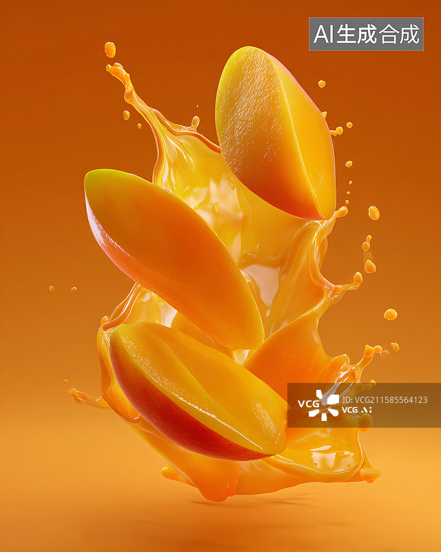 【AI数字艺术】黄桃切片与飞溅果汁图片素材