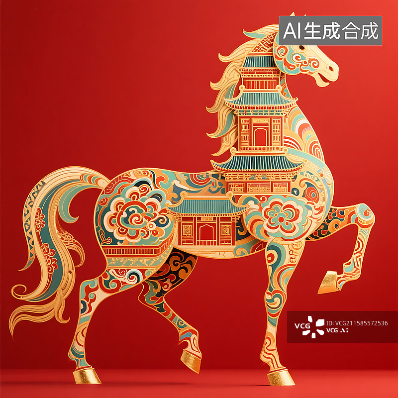 【AI数字艺术】中国红 鎏金大马 中国风格建筑，融合古建筑与彩色花纹的传统生肖形象图片素材