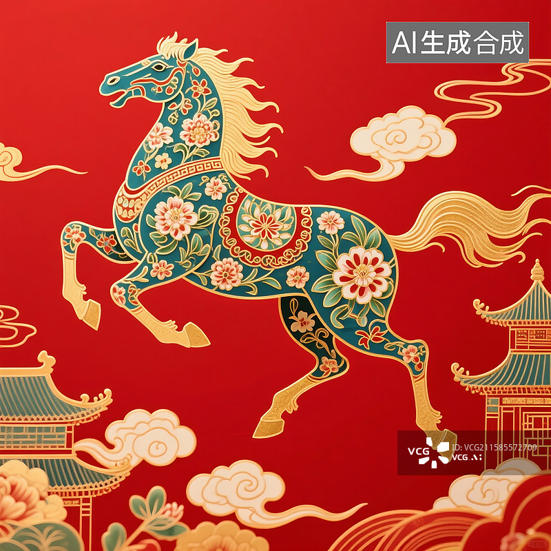 【AI数字艺术】古典红色背景鎏金描边骏马生肖形象图片素材