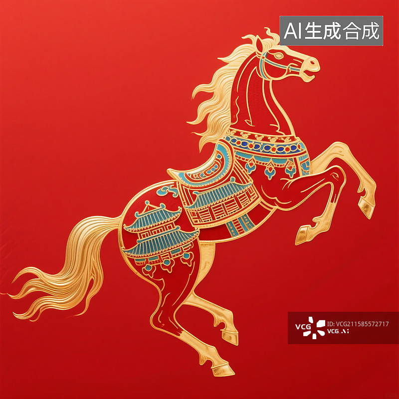 【AI数字艺术】古典红色背景鎏金描边骏马生肖形象图片素材