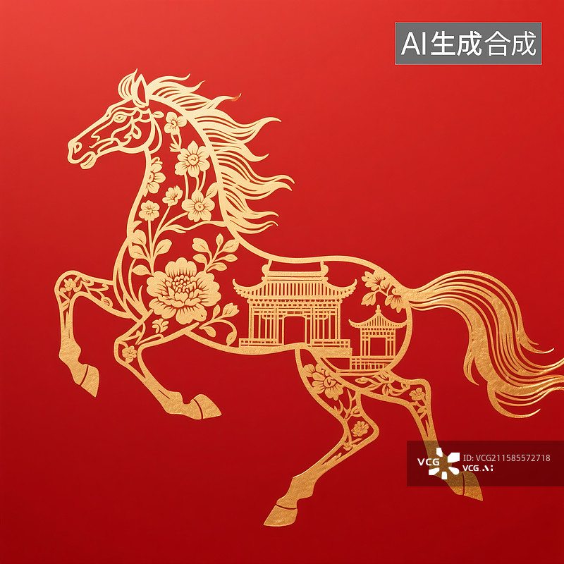 【AI数字艺术】古典红色背景鎏金描边骏马生肖形象图片素材