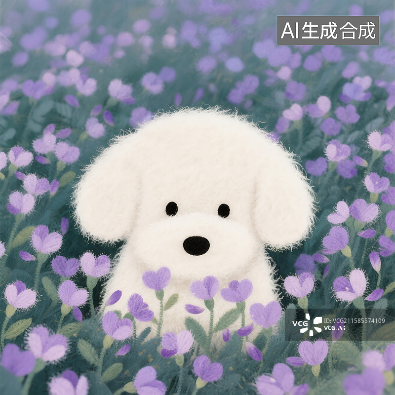 【AI数字艺术】羊毛毡绘本，在紫云英花海里躲猫猫的小白狗，画面覆盖一层细小的毛发，起毛的效果，毛毡工艺画图片素材