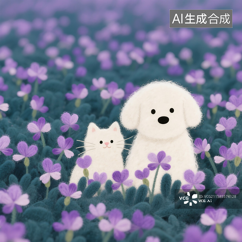【AI数字艺术】羊毛毡绘本，在紫云英花海里躲猫猫的小白狗，画面覆盖一层细小的毛发，起毛的效果，毛毡工艺画图片素材